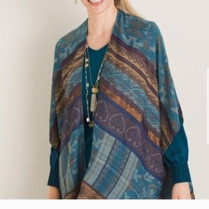 Chicos Lurex Jacquard Metallic Aztec Western Rodea Fringe Boho Fall Ruana WrapOS